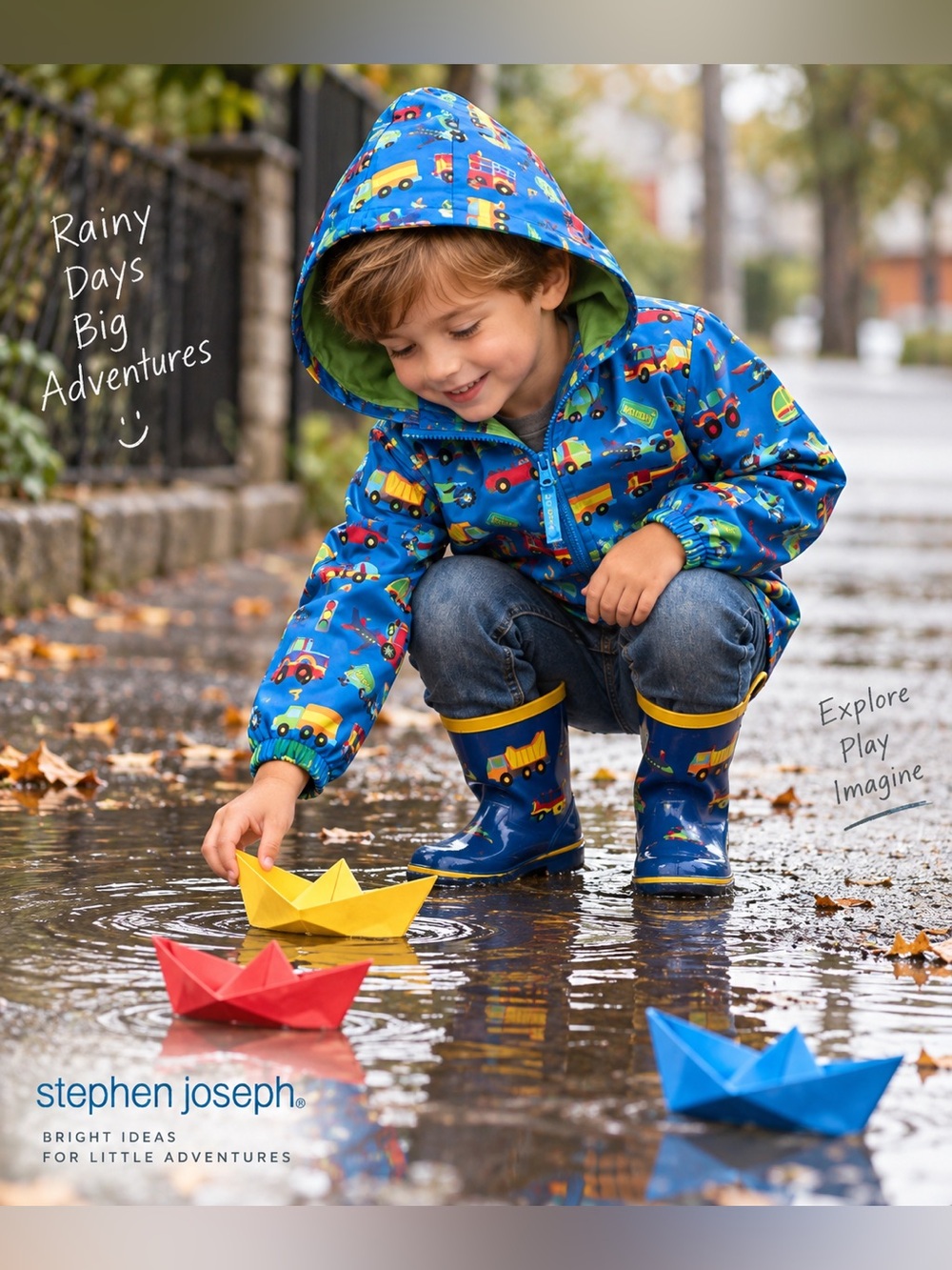 KIDS Stephen Joseph Boys Transportation Raincoat Cars Trucks Hooded Size 4/5T
